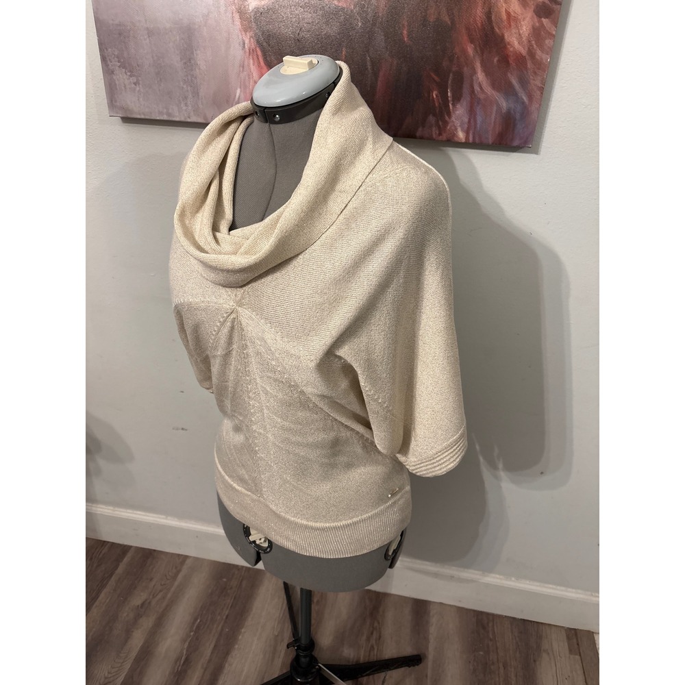 Calvin Klein Sweater Women M Cream Metallic Cowl Neck Dolman Pleated Excellent
